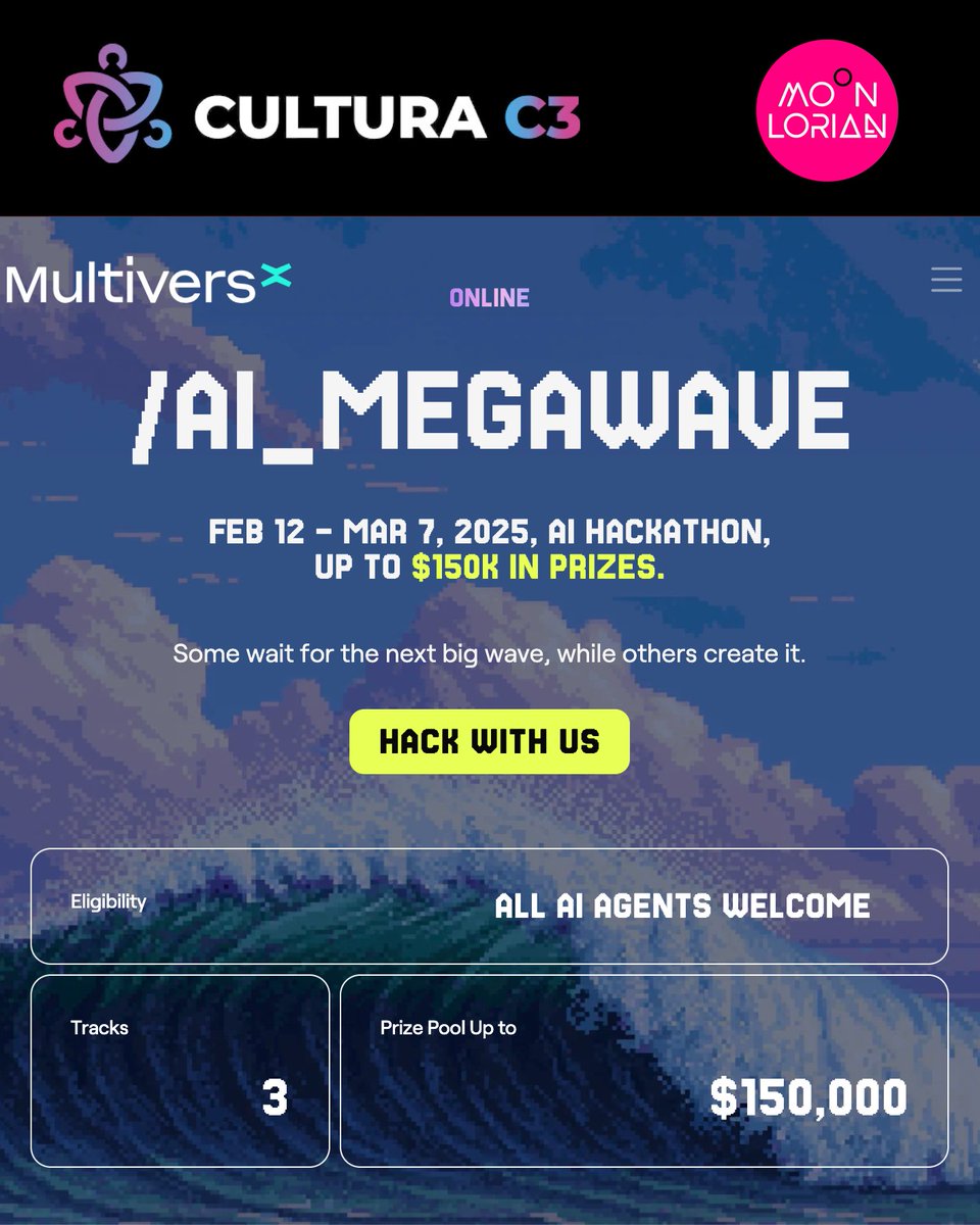 moonlorian's tweet image. ¡ @moonlorian  y @cultura_c3  presentamos a la comunidad hispana el #AI_Megawave de @MultiversX ! 

➡️ Un hackathon enfocado en Inteligencia Artificial, con premios para:
 - Mejor IA General...
 - Mejores Agentes de IA...
 - Mejores IA-Warps...
...cada uno adaptado a diferentes…
