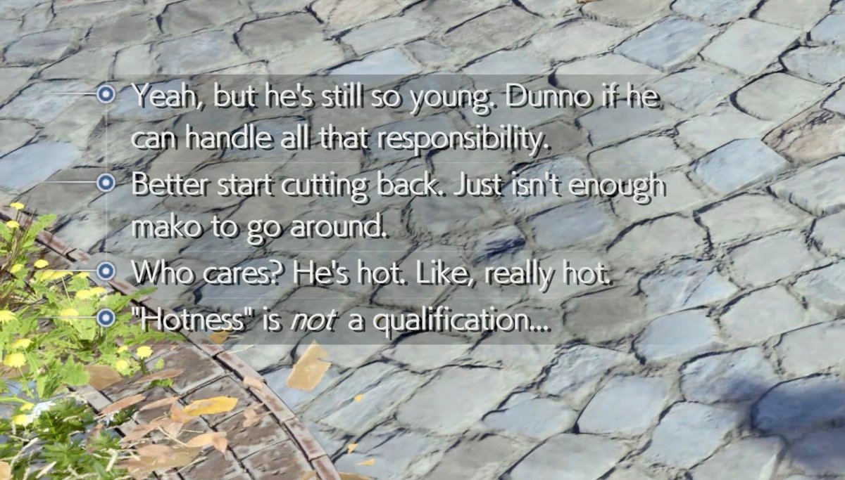 ChilledFoodTin's tweet photo. Another bit of NPC chatter about Rufus from Rebirth (this can be overheard in Kalm). I feel like this was aimed directly at Rufus fans 😂 Maybe hotness can be a qualification this time #RufusShinra #ルーファウス神羅 #FF7Rebirth https://t.co/W4sSBVa24t