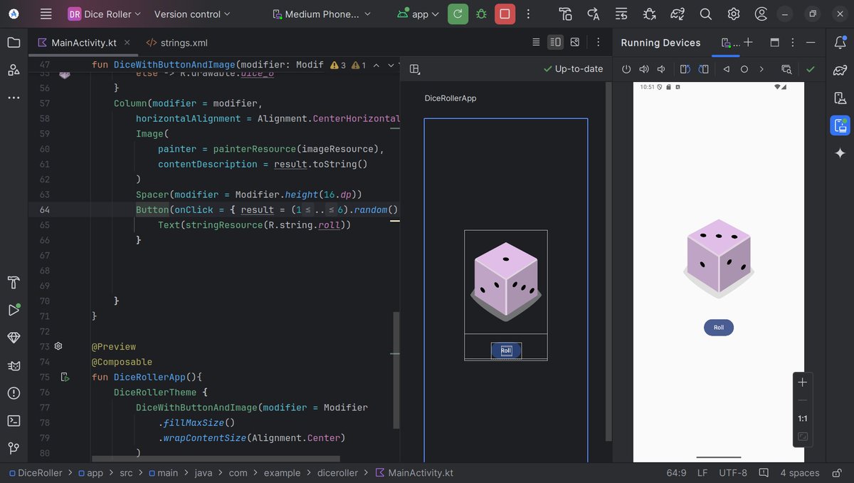 bhuvitw's tweet image. Day 17:
🔹Created a Dice Roll App with Jetpack Compose
📷 Studied OOPs
📷 Practiced OOPs in kotlin
📷 Words for Future: Practice OOPs question again. and don't Forget you're Infinite.
#100daysofcode #androidbasics #android