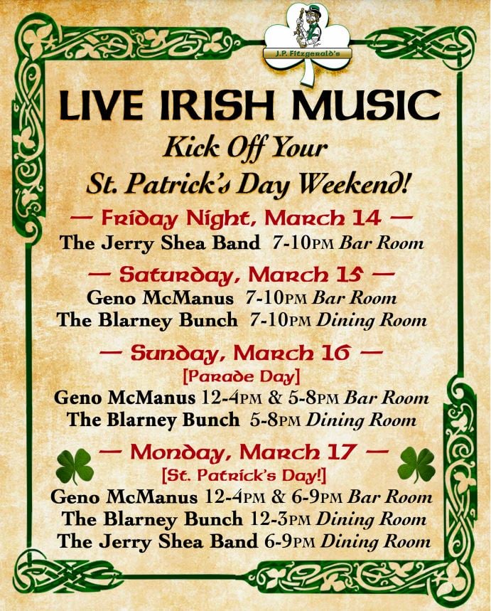 Get ready to jig to the tune of Live Irish Music at JP Fitzgerald's! Start your St. Patty's weekend with us for an unforgettable experience. Get your green on! #StPattysWeekend #LiveMusic #JPFitzgeralds #IrishVibes