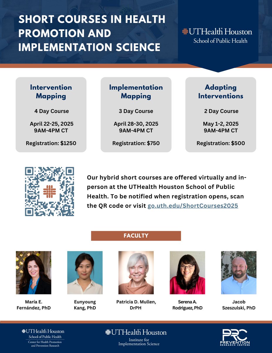 Join us online or in-person for short courses in health promotion and implementation science starting in May! Sign-up at go.uth.edu/ShortCourses20… for more information and to be notified as soon as registration is available! #HealthPromotion #ContinuingEducation