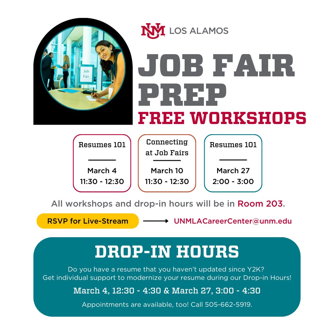 📣 The Los Alamos Spring Job Fair is coming! 📣
While it's taking place at Fuller Lodge this time, our Student Services department is offering FREE WORKSHOPS to help you prepare!