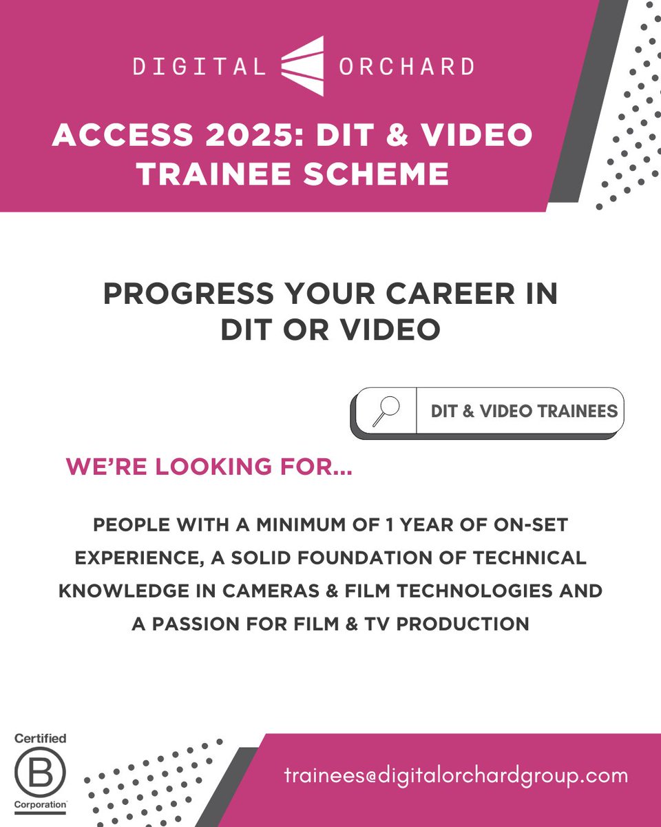 DIT/ VIDEO Trainee Scheme – Applications Open! 🚨

Looking to take your DIT/ Video career to the next level? Our Access 2025 scheme is here to help!

Find out how to apply here: digitalorchardgroup.com/careers/access…

📢 Deadline: 10th March 2025

#trainee #digitalorchard #filmindustry