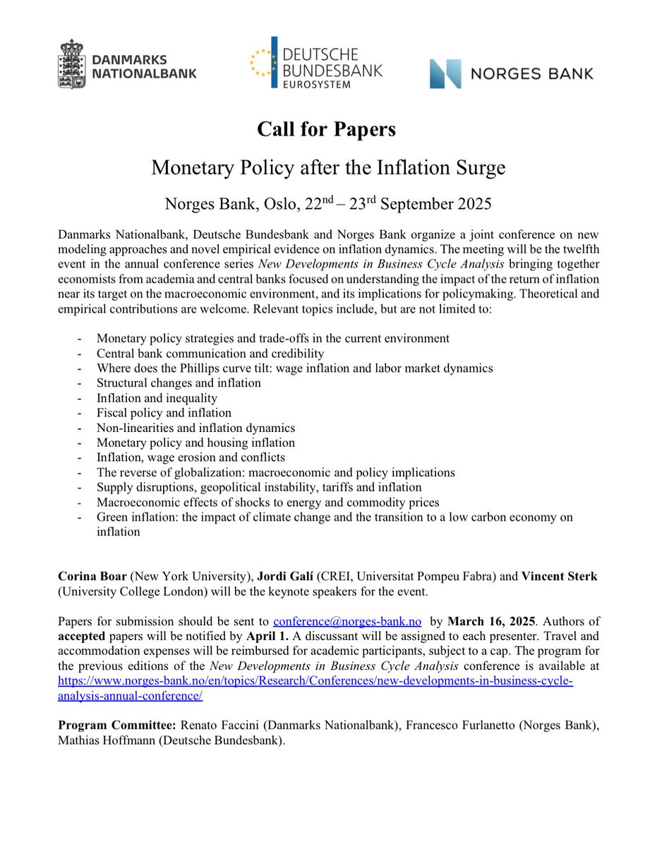 Francesco Furlanetto 🇺🇦 (@francescofurla8) on Twitter photo 🥁🥁 NEW CONFERENCE ALERT 🥁🥁
Monetary Policy after the Inflation Surge
in Oslo on September 22-23 jointly organized with <a href="/bundesbank/">Deutsche Bundesbank</a> and <a href="/nationalbanken/">Danmarks Nationalbank</a>
Keynote speakers: Corina Boar (NYU), Jordi Galí (CREI) and Vincent Sterk (UCL)
Submission deadline: March 16. 🥁🥁 NEW CONFERENCE ALERT 🥁🥁
Monetary Policy after the Inflation Surge
in Oslo on September 22-23 jointly organized with <a href="/bundesbank/">Deutsche Bundesbank</a> and <a href="/nationalbanken/">Danmarks Nationalbank</a>
Keynote speakers: Corina Boar (NYU), Jordi Galí (CREI) and Vincent Sterk (UCL)
Submission deadline: March 16.