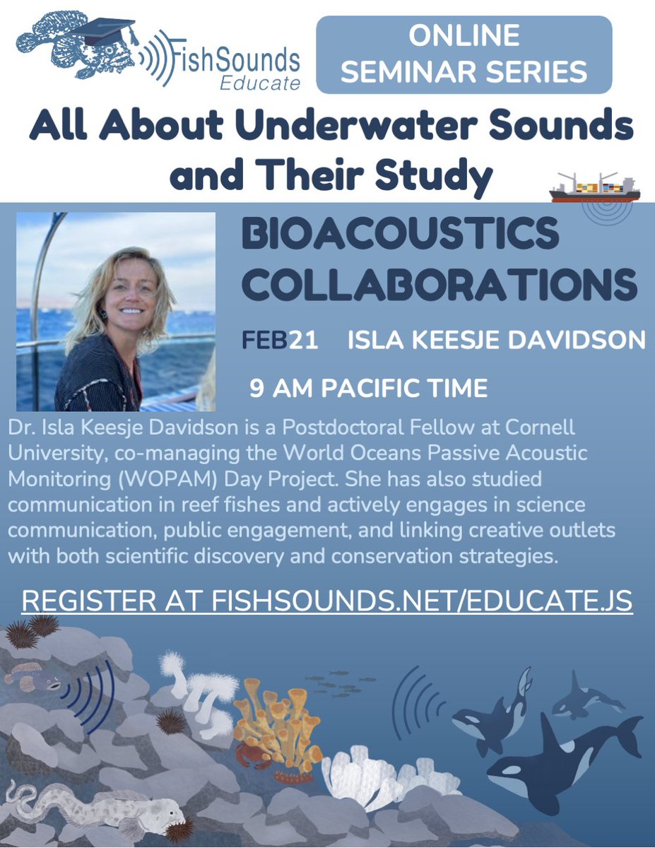 🗺️🔊🤝
We will have our next FishSounds Educate seminar on Friday Feb 21 at 9 am Pacific—all about global bioacoustics collaborations with Dr. Isla Keesje Davidson <a href="/IslaBaila/">Isla Keesje Davidson</a>! Register here: uvic.zoom.us/meeting/regist…