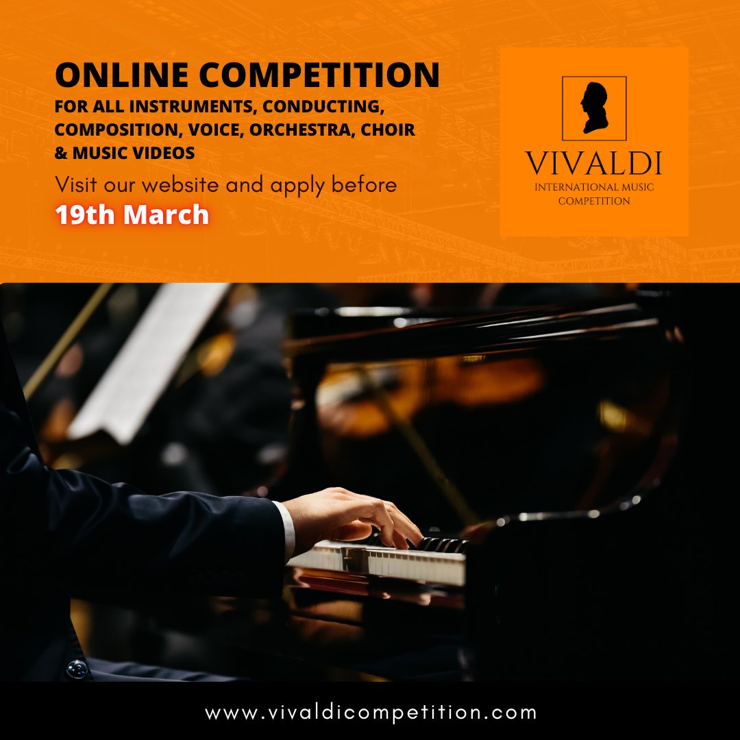 Join the Vivaldi International Music Competition! 🌟

Open to all instruments, voice, conducting, composition &amp; more!
Apply online before 19 March at 👉 vivaldicompetition.com

#MusicCompetition #VivaldiCompetition #MusicAward #InternationalMusicCompetition #GlobalMusicAwards