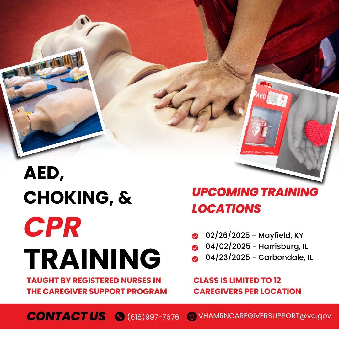 The Marion VA Caregiver Support Program (CSP) offers an AED, Choking, &amp; CPR Training to caregivers enrolled in the program.  There are 3 offerings this spring!  If you are interested, please contact the local Caregiver Support Program at (618) 997-7676.