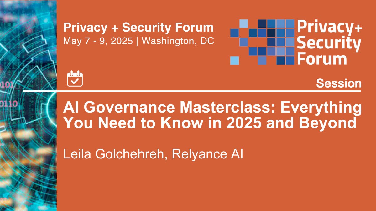 Privacy + Security Academy (@privsecacademy) on Twitter photo Join "AI Governance Masterclass: Everything You Need to Know in 2025 and Beyond" session at the Privacy + Security Forum, May 7-9, 2025. Register: bit.ly/34nInA7
#privacy #privsecforum <a href="/relyanceai/">Relyance AI</a> Join "AI Governance Masterclass: Everything You Need to Know in 2025 and Beyond" session at the Privacy + Security Forum, May 7-9, 2025. Register: bit.ly/34nInA7
#privacy #privsecforum <a href="/relyanceai/">Relyance AI</a>