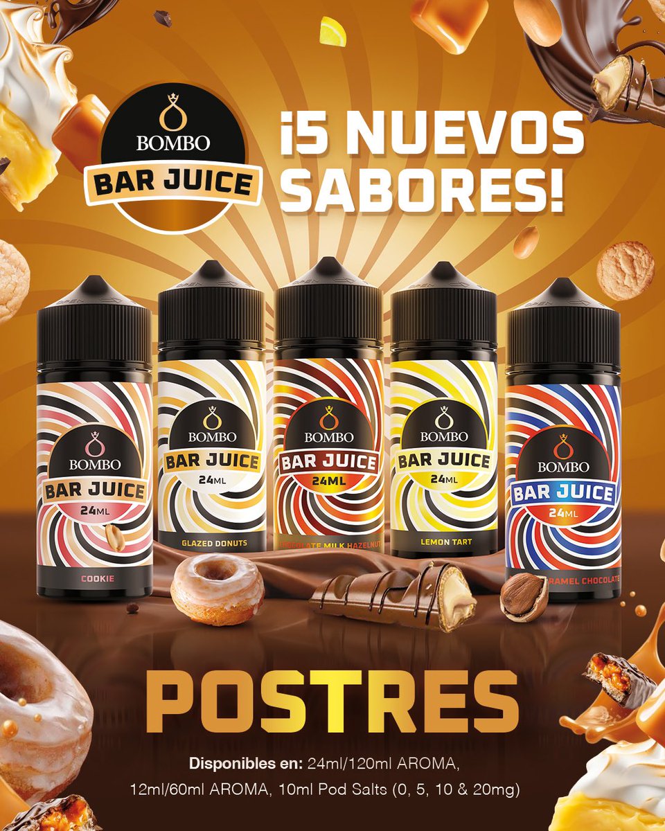iVapeo's tweet photo. 🔥 ¡Nuevos sabores de Bombo Bar Juice en iVapeo! 🔥

🍪 #CreamyCookie 
🍩 #GlazedDonuts
🍫 #ChocoMilkHazelnut
🍋 #LemonTart 
🥜 #PeanutCaramelChoco

💨 ¡Elige tu favorito y disfruta del mejor vapeo! 💨

#iVapeo #BomboBarJuice #VapeoTop https://t.co/nW7qcdhKAP