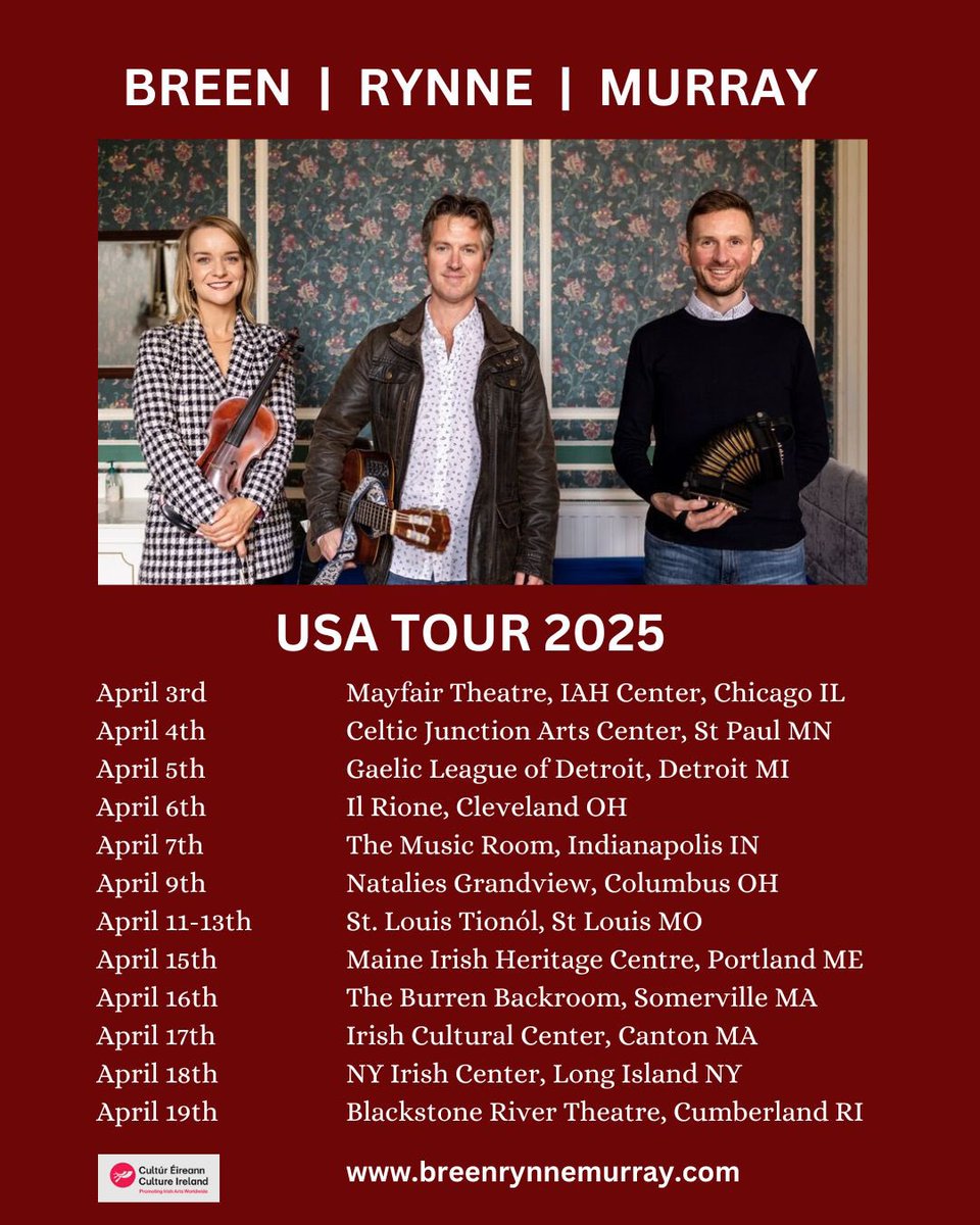 BreenRynneMurray (@b_r_m_music) on Twitter photo **🎶 USA TOUR ANNOUNCEMENT 🎶**
We’re thrilled to announce our **April 2025 USA Tour**!
Breen / Rynne / Murray are hitting the road, bringing you a run of shows filled with powerful tunes, driving rhythm, and the spirit of Irish music. Catch us in these cities <a href="/padraigrynne/">Pádraig Rynne</a> **🎶 USA TOUR ANNOUNCEMENT 🎶**
We’re thrilled to announce our **April 2025 USA Tour**!
Breen / Rynne / Murray are hitting the road, bringing you a run of shows filled with powerful tunes, driving rhythm, and the spirit of Irish music. Catch us in these cities <a href="/padraigrynne/">Pádraig Rynne</a>
