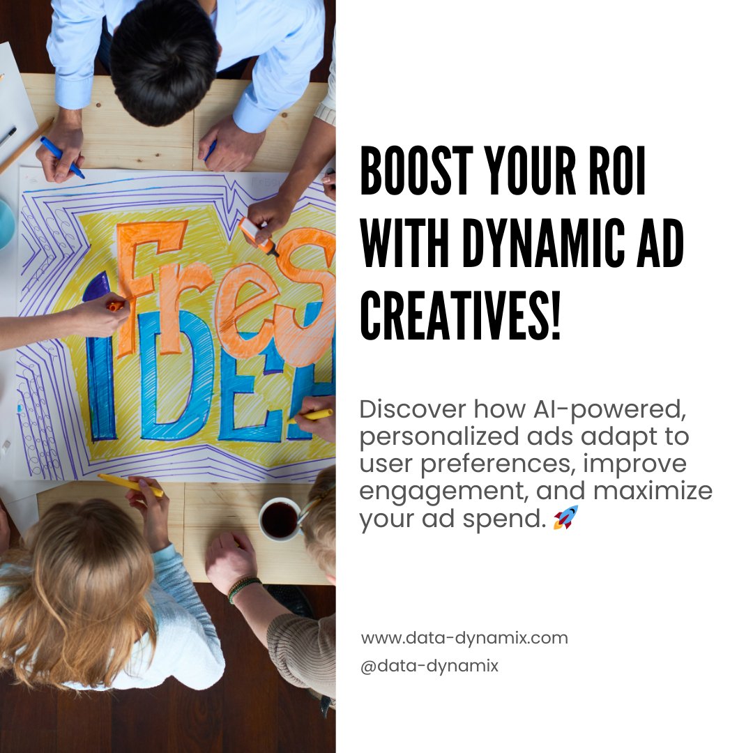 DataDynamix1's tweet image. Dynamic ad creatives = higher ROI! 📷 Learn how ads that adapt to user preferences improve engagement and conversions. Ready to make your ads more dynamic? Shoot mail at info@data-dynamix.com
#DynamicAds #AdCreativity #HigherROI