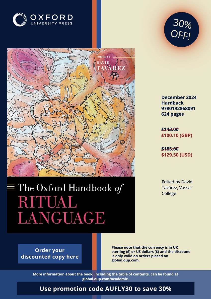 My new edited volume, The Oxford Handbook of Ritual Language, is now out in the US and Europe! It features case studies from language groups and societies in the Americas, the Middle East, the Pacific &amp; S Asia. If interested, use the discount code-or ask your library to order it!