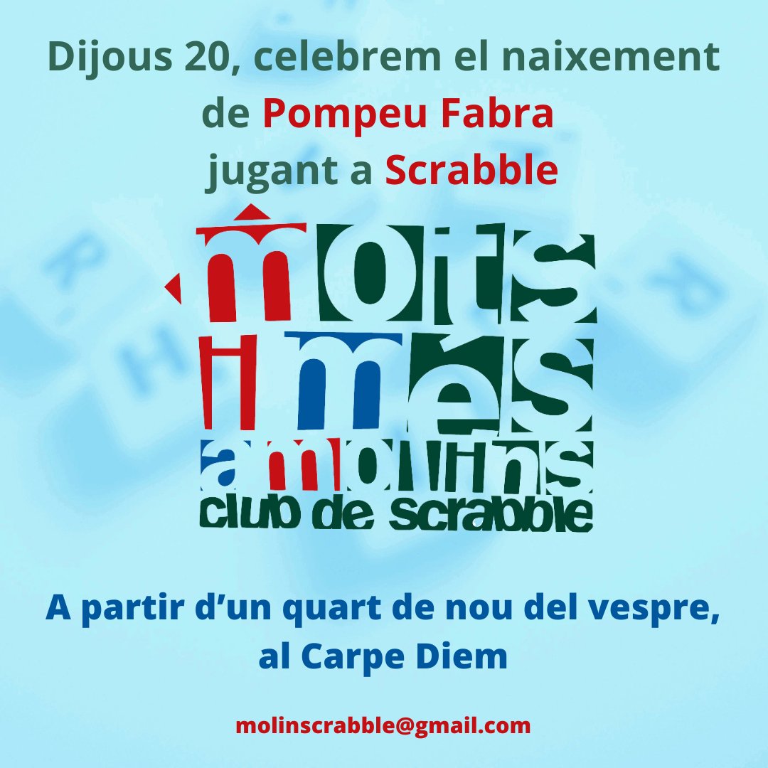 Mira per on, dijous farà 157 anys del naixement de Pompeu Fabra i nosaltres ho celebrarem jugant a Scrabble!
#scrabbleencatalà
#scrabble
#molinsderei
#cultura