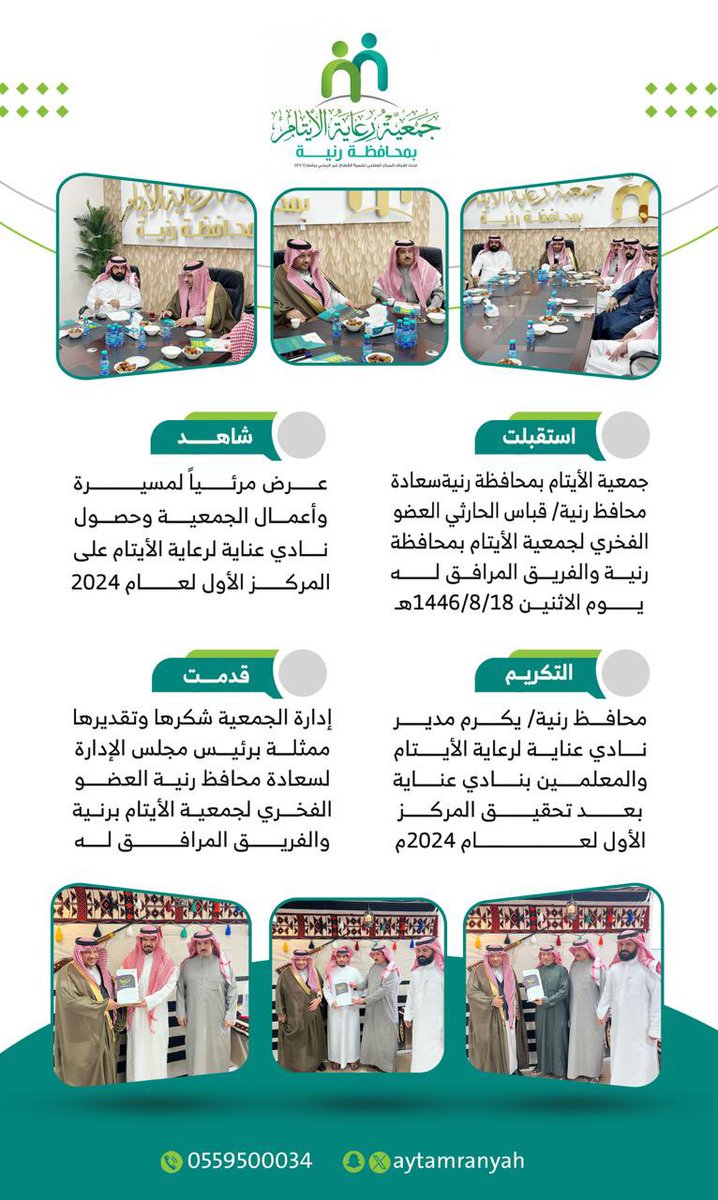 ،
،
#أستقبلت 
جمعية الأيتام بمحافظة رنية
سعادة محافظ رنية/ قباس الحارثي العضو الفخري لجمعية الأيتام بمحافظة رنية والفريق المرافق له يوم الاثنين 1446/8/18هـ

#شاهد 
عرض مرئياً لمسيرة وأعمال الجمعية وحصول نادي عناية لرعاية الأيتام على المركز الأول لعام 2024

#التكريم 
محافظ رنية/