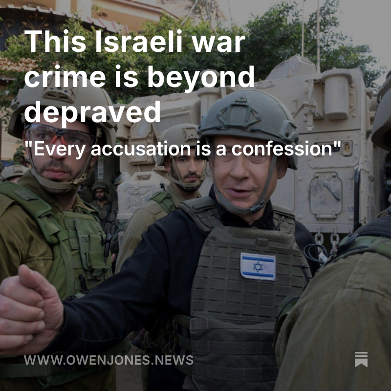 The Israeli state used an 80-year-old Palestinian man as a human shield.

They forced him to look for explosives, under threat of his head being blown off.

Then they shot him and his wife.

"Every accusation is confession."

New post 

owenjones.news/p/this-israeli…