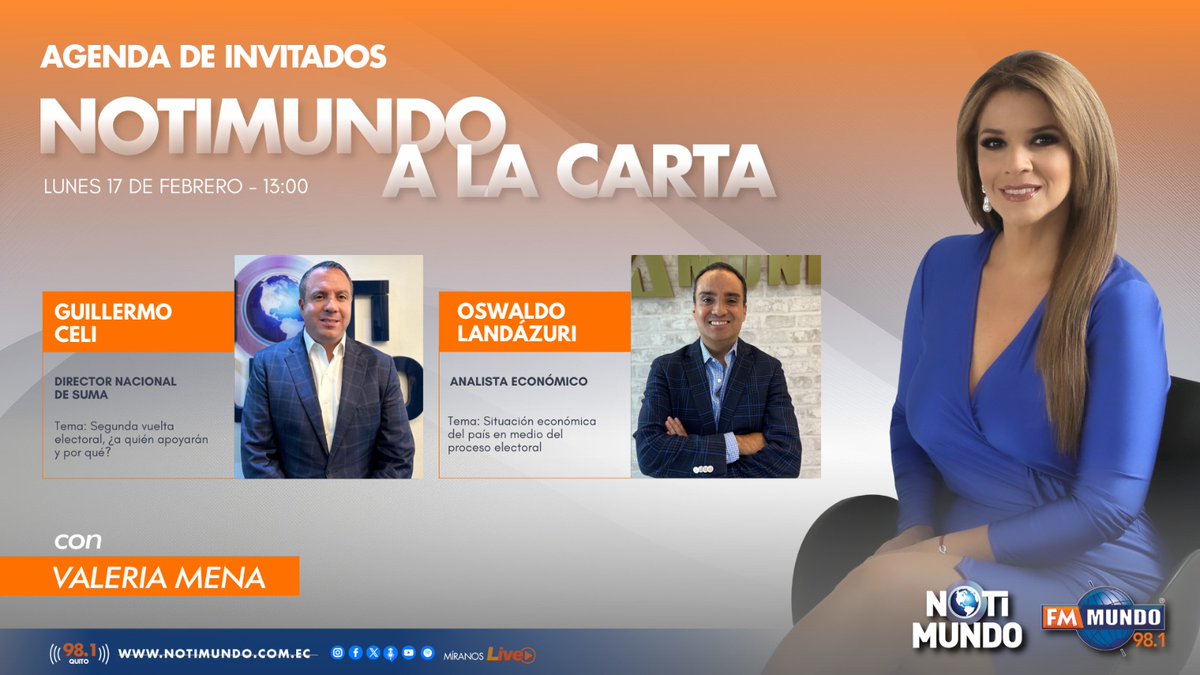 🌎 #NotimundoALaCarta | <a href="/ValeMenaS/">Valeria Mena</a> te trae las noticias más destacadas a la mitad de la jornada. Hoy con:

🎙 <a href="/GuillermoCeli/">Guillermo Celi Santos</a> 
🎙️ <a href="/landazurio/">Oswaldo Landázuri</a> 

📽️ Míranos #EnVivo ➡️ youtube.com/@FmMundoLive

📻 98.1 FM #Quito

📲 fmmundo.com