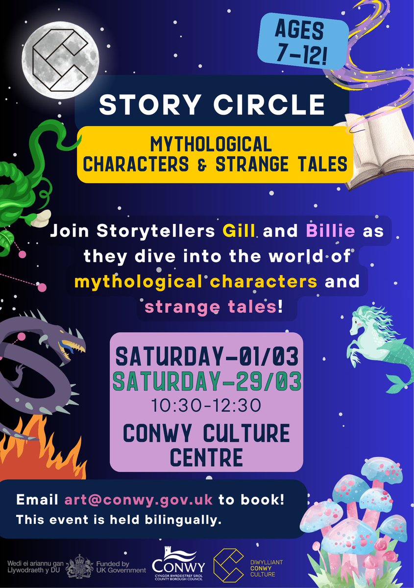 Conwy Libraries (@conwylibraries) on Twitter photo Join Storytellers Gill and Billie as they dive into the world of mythological characters and strange tales! 💙🐙
📅 March 1st 📅March 29th
⏰10:30-12:30
📌Conwy Culture Centre
💬 Ages 7-12
✉️ Email art@conwy.gov.uk
#LoveLibraries #CreuConwy Join Storytellers Gill and Billie as they dive into the world of mythological characters and strange tales! 💙🐙
📅 March 1st 📅March 29th
⏰10:30-12:30
📌Conwy Culture Centre
💬 Ages 7-12
✉️ Email art@conwy.gov.uk
#LoveLibraries #CreuConwy