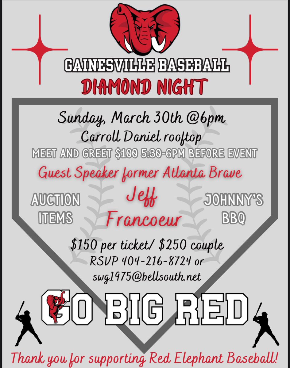 Gainesville Baseball (@redelephantbsbl) on Twitter photo We are excited to announce the first annual Diamond Night featuring guest speaker and former Atlanta Brave <a href="/JeffFrancoeur/">Jeff Francoeur</a> 🔴🐘⚾️ We are excited to announce the first annual Diamond Night featuring guest speaker and former Atlanta Brave <a href="/JeffFrancoeur/">Jeff Francoeur</a> 🔴🐘⚾️