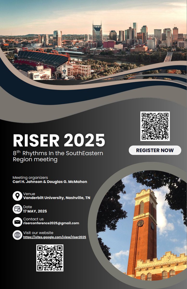 If you work on #circadian rhythms and are located in or around South-East USA, this meeting is for you: The 8th Rhythms in the SouthEastern Region (RISER) meeting is happening at Vanderbilt University, Nashville (TN) on May 17,  2025.  Abstracts due in 25 days! Register soon!