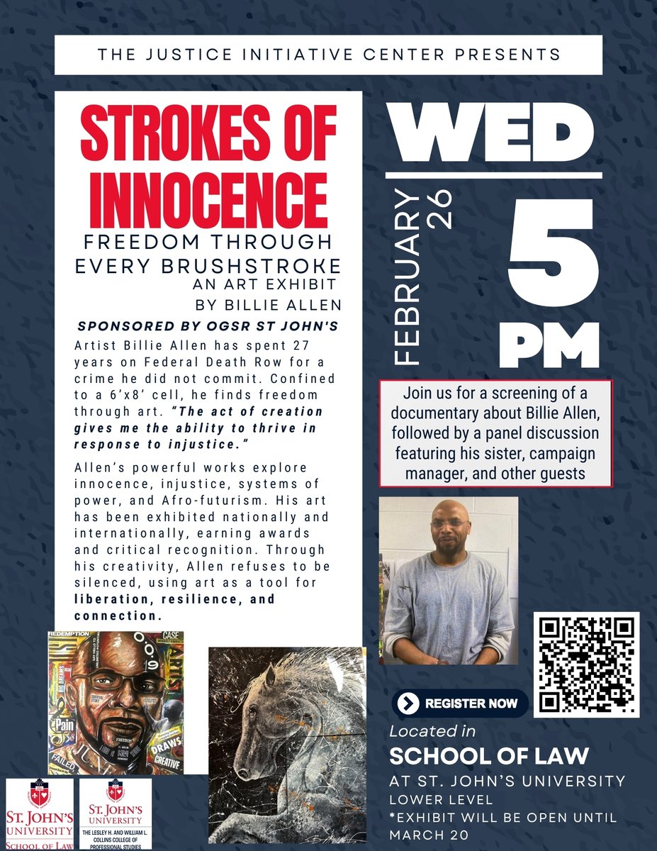 The Free Billie Allen Campaign will be in NYC on February 26th for a showing of Billie Allen’s artwork at St. John’s University Law School. The opening will include a short film screening &amp; panel discussion. #freebillieallen 
sjuit.formstack.com/forms/strokes_…