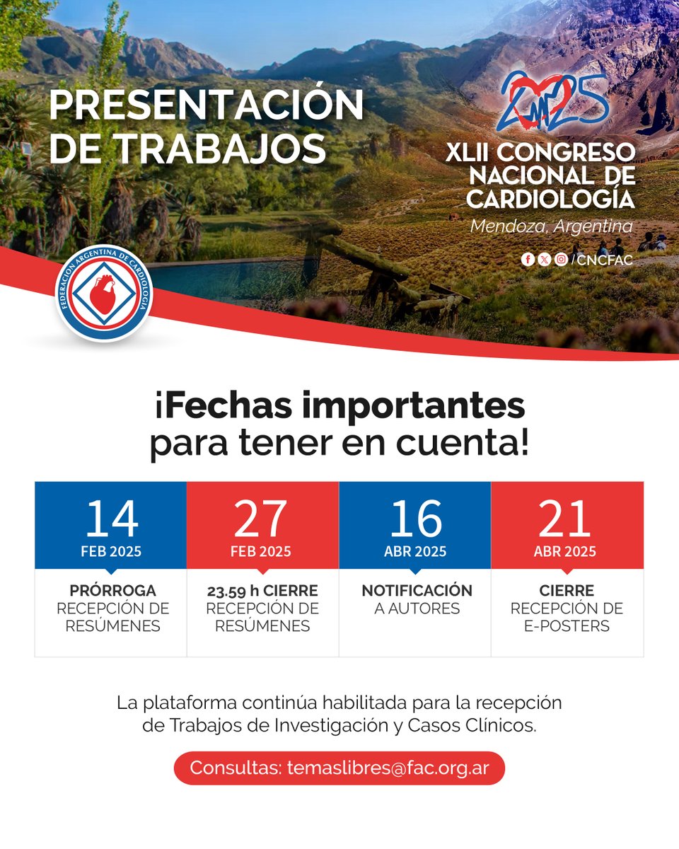 📌Agendá estas fechas del #CNC2025

Seguimos recibiendo trabajos en nuestra plataforma: congreso.fac.org.ar/trabajos.html

🗓️Cierre límite: 27 de febrero, 23.59 h

¡No te dejes estar! Viví esta experiencia única.

#Cardiología #FAC #CasosClinicos #InvestigaciónMedica