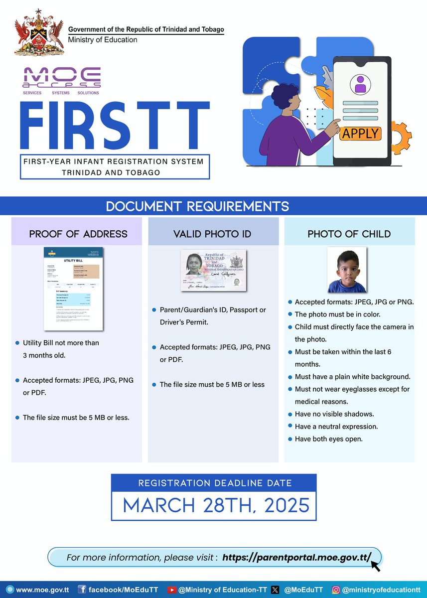 MoEduTT's tweet image. 🗣️ This year, in alignment with Digital Transformation, the Ministry of Education is launching the First-Year Infant Registration System of Trinidad and Tobago (FIRSTT).

🔗 Access FIRSTT: parentportal.moe.gov.tt

🗓️ Deadline: March 28th, 2025.

#FirstYear #DigitalTransformation