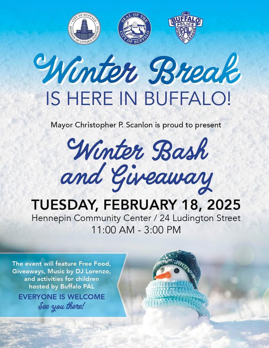 Let’s have some winter ❄️ fun! The City of Buffalo’s Wintermission is BACK and Buffalo PAL is proud to be a partner!! 
⬇️⬇️⬇️⬇️⬇️⬇️⬇️⬇️⬇️
📍 Hennepin Community Center, 24 Ludington
⏰ 11:00AM-3:00PM 
⭐️ PRIZES &amp; Giveaway 
🍕🆓 FOOD 
🎶 DJ Low 
🆓 activities 🏀⚽️🏈⛳️clinics!