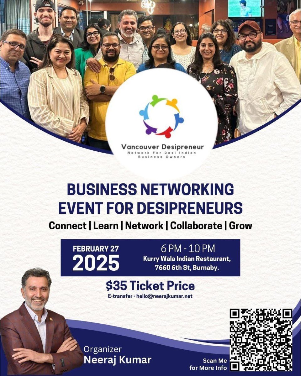 Indian Business Networking Meetup in Burnaby at Kurry Wala by “Vancouver Desipreneur” group. 

More Info: ativancouver.ca/event/desipren…

Join if you are looking to connect with other Desi Business Owners in Metro Vancouver.