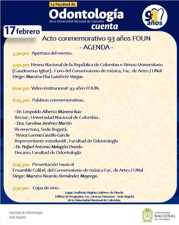 EgresadosFOUN's tweet image. ¡Hoy celebramos 93 años de historia, compromiso y excelencia en la Facultad de Odontología!
Te invitamos a unirte a nosotros para conmemorar este importante hito en nuestra trayectoria, honrando nuestro legado y mirando hacia un futuro lleno de progreso. #odontología #unal #foun