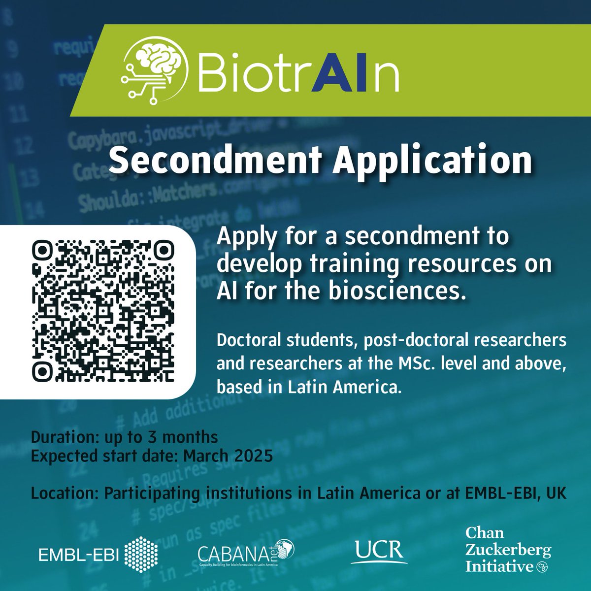 Apply for a BiotrAIn secondment up to 3 months in length to develop training resources on AI for the biosciences. 

We welcome doctoral students, post-doctoral researchers and researchers at the MSc. level and above, based in Latin America.

docs.google.com/forms/d/e/1FAI…