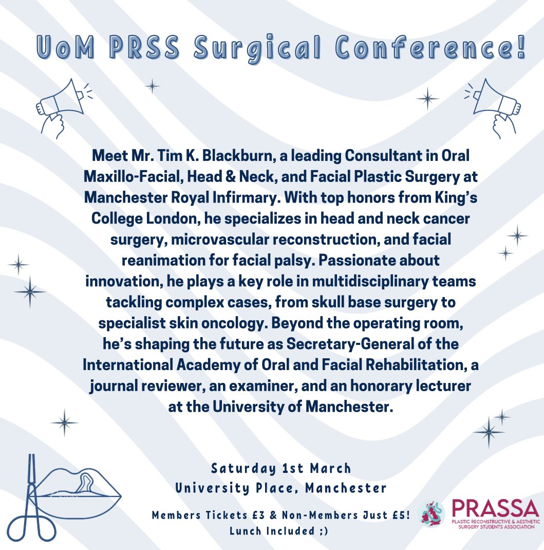 uomplastics's tweet image. Introducing our next incredible speaker for the UoM PRSS Surgical Conference 2025 – Tim Blackburn!

Secure your spot now! Link in Bio and Below: 

manchesterstudentsunion.com/events/id/9359…
