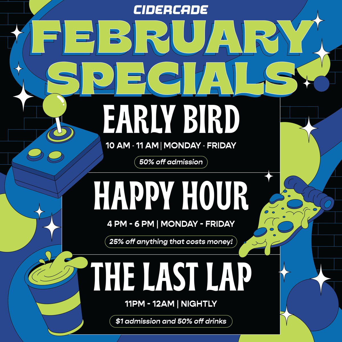 There's more to LOVE at Cidercade in February! ❤️🕹️

It's the shortest month of the year, so take advantage
while you can. 🏃💨