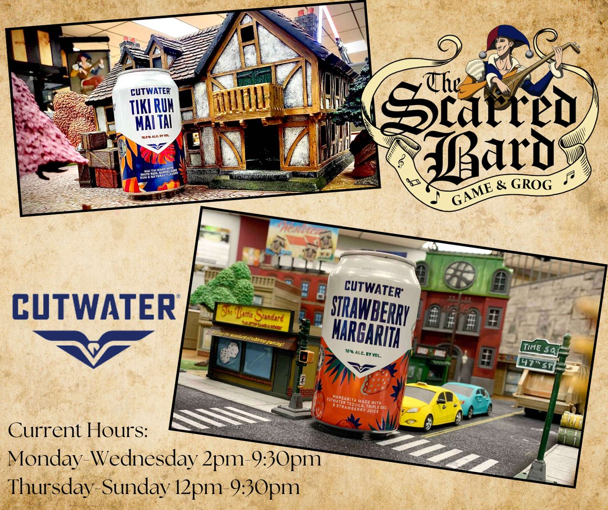 Battle_Standard's tweet photo. 🍹⚔️ Ready for adventure? The Scarred Bard serves Cutwater Beverages with bar-quality cocktails in a can! Crafted for heroes. 🏹 Just sip and enjoy! 🎲 #TheScarredBard #CutwaterCocktails #RollForRefreshment #SipAndSlay #GamingFuel #TheBattleStandard https://t.co/ZkZAPZmOBZ