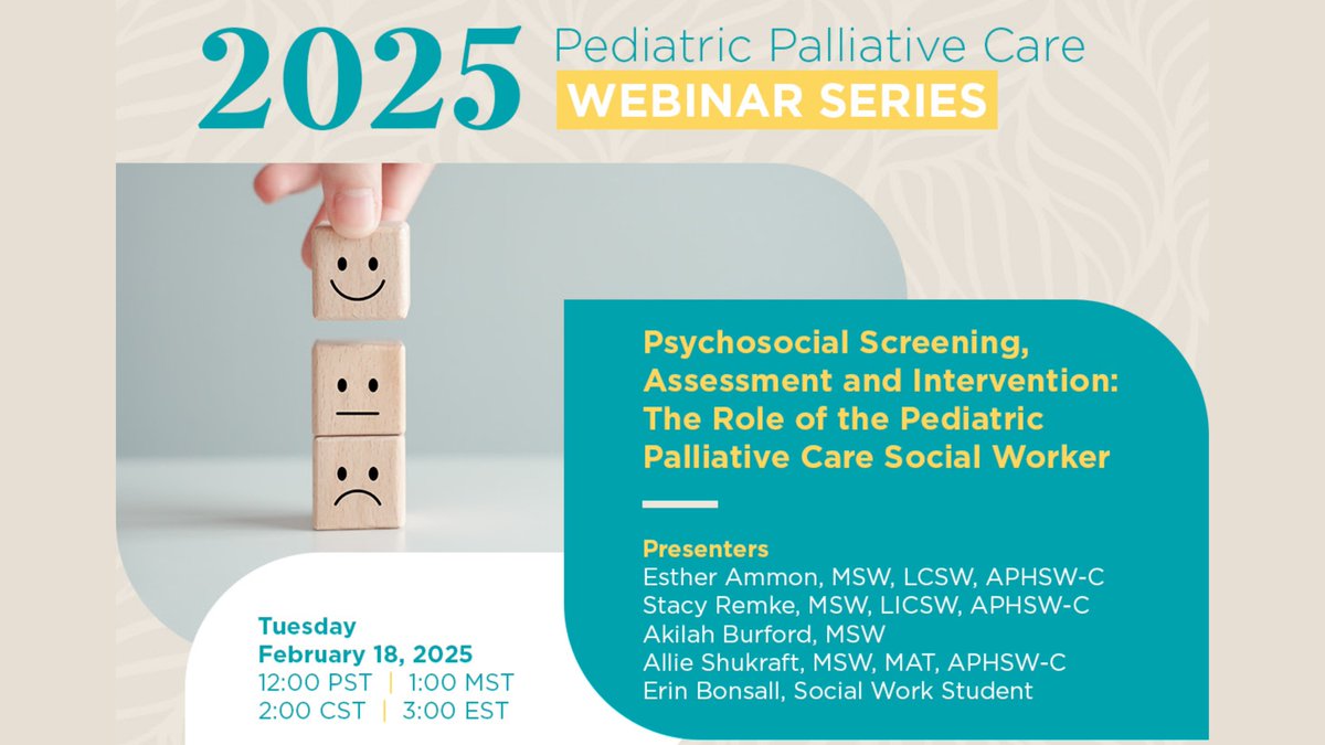Still time to register for the February 2025 PPC Webinar - Psychosocial Screening, Assessment and Intervention: The Role of the Pediatric Palliative Care Social Worker. 

Learn more and register at mailchi.mp/ppcc-pa/regist…

#pedpc  #pedspc  #hapc  #hpm