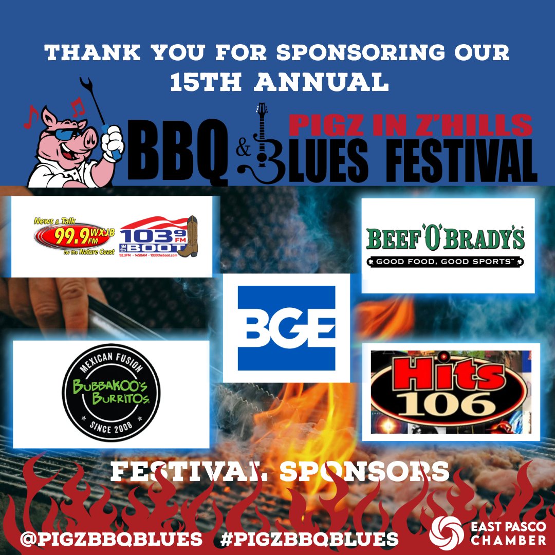 A huge thank you to 103.9 The Boot Country Radio, Beef 'O' Brady's Zephyrhills, BGE, Inc., Bubbakoo's Burritos and Hits 106 for sponsoring the 15th Annual Pigz in Z'Hills BBQ &amp; Blues Festival! Your support means the world to us!
