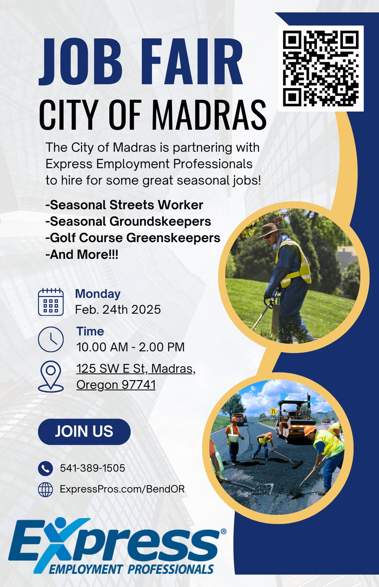 Express_Bend's tweet image. Exciting news! 1 week until our Job Fair with the City of Madras. 🌟 Hiring for 20+ full-time seasonal positions. Stop by for a quick interview and start your new job! Questions? Call 541-389-1505. #jobfair #hiring #careeropportunity