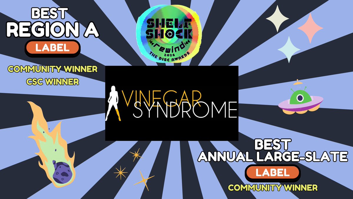 Vinegar Syndrome (@vinegarsyndrome) on Twitter photo Thrilled to share that Vinegar Syndrome was the community winner in three categories of last night's <a href="/Shelf_Shock/">Shelf Shock Rewind</a> Rewind awards for 2024—thank you to all the voters 💛🖤 Thrilled to share that Vinegar Syndrome was the community winner in three categories of last night's <a href="/Shelf_Shock/">Shelf Shock Rewind</a> Rewind awards for 2024—thank you to all the voters 💛🖤