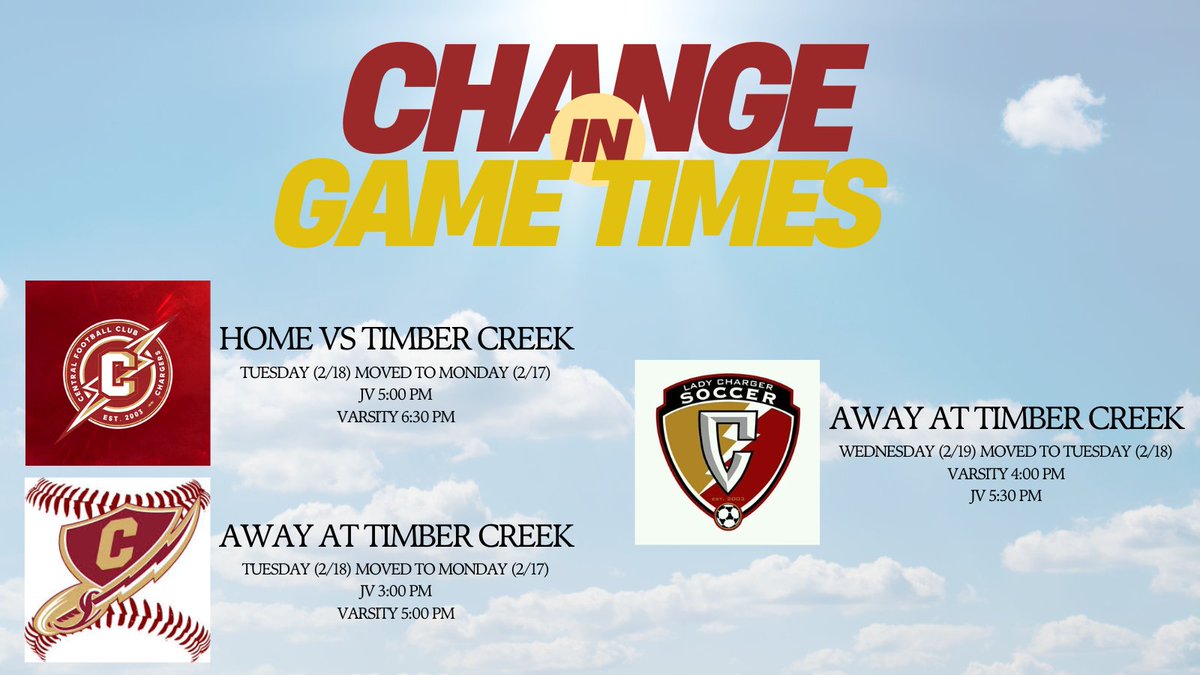 ⚡️Keller Central Athletics⚡️ (@chargers_chs) on Twitter photo Mother Nature is playing with us again, bringing an Arctic front Tuesday afternoon so games have been moved so no one is looking like a 🥶 on the field.
<a href="/KCSB_Chargers/">Chargers Softball</a> & <a href="/CFC_Soccer/">⚡️CFC⚡️</a> both play today, while <a href="/CHS_LCS/">Lady Chargers Soccer</a> plays tomorrow afternoon.
<a href="/KISDAthletics/">Keller ISD Athletics</a> <a href="/KellerCentralHS/">Keller Central HS</a> Mother Nature is playing with us again, bringing an Arctic front Tuesday afternoon so games have been moved so no one is looking like a 🥶 on the field.
<a href="/KCSB_Chargers/">Chargers Softball</a> & <a href="/CFC_Soccer/">⚡️CFC⚡️</a> both play today, while <a href="/CHS_LCS/">Lady Chargers Soccer</a> plays tomorrow afternoon.
<a href="/KISDAthletics/">Keller ISD Athletics</a> <a href="/KellerCentralHS/">Keller Central HS</a>