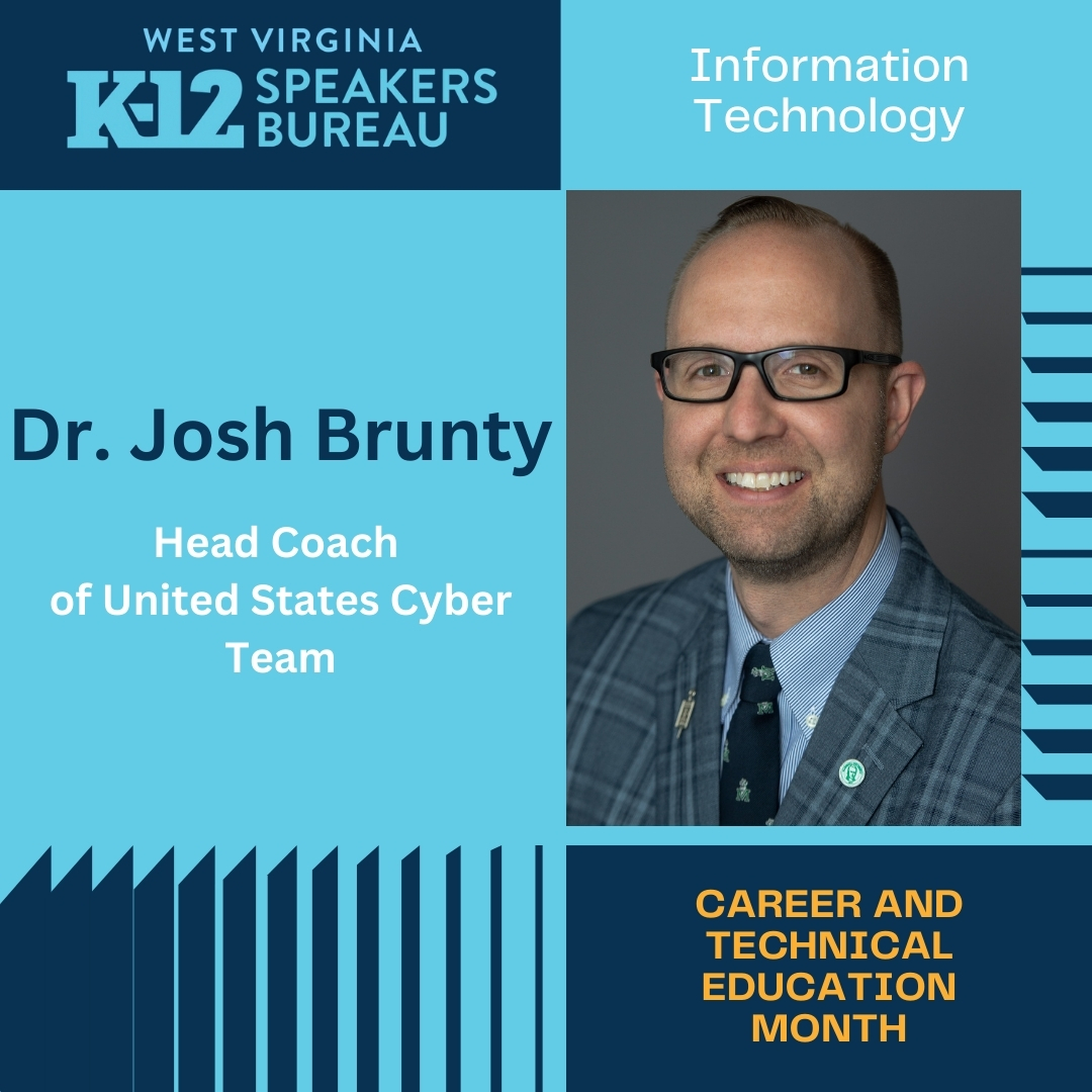 Dr. Josh Brunty, Head Coach of the U.S. Cyber Team, is shaping the future of cybersecurity! As a professor and mentor, he leads Marshall's Cyber Forensics &amp; Security program. Schedule him to speak through the WV K-12 Speakers Bureau!
#K12SpeakersBureau #CareerTechWV #IHeartCTE
