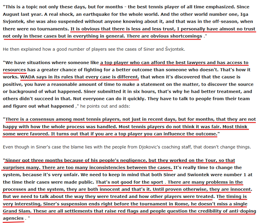 Djokovic disappointed by Sinner's case:  loss of trust

"There is a consensus among most tennis players
"These are all settlements that raise red flags and people question the credibility of anti-doping agencies.
meridiansport.rs/tenis/dokovic-… via <a href="/meridiansportrs/">Meridian Sport Srbija</a>