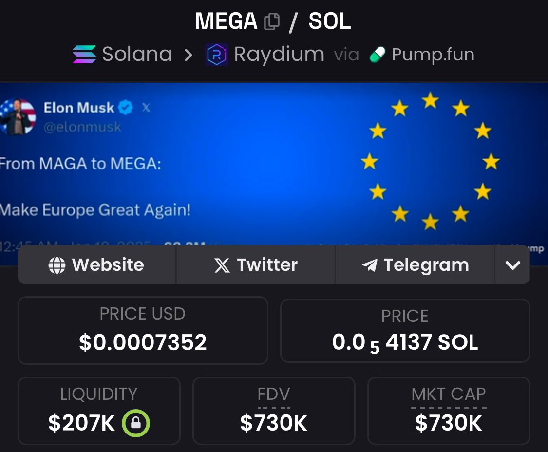$MEGA +1000X ✅🪙🪙

14K to 14M, 750K NOW

Bottomed chart 

Tg: t.me/m3ga_sol

Remember join GENESIS for next alpha: t.me/GenesisChain_C…

<a href="/m3ga_sol/">MEGA Make Europe Great Again</a>