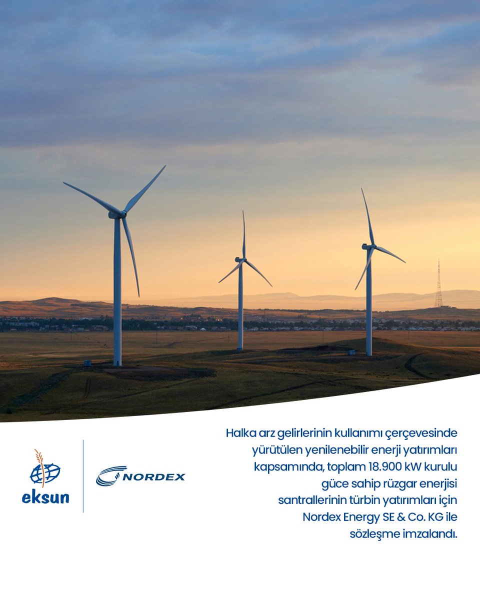Halka arz gelirlerinin kullanımı çerçevesinde yürütülen yenilenebilir enerji yatırımları kapsamında, toplam 18.900 kW kurulu güce sahip rüzgar enerjisi santrallerinin türbin yatırımları için Nordex Energy SE &amp; Co. KG ile sözleşme imzalandı.

Toplam 14.142.000 Euro bedele sahip