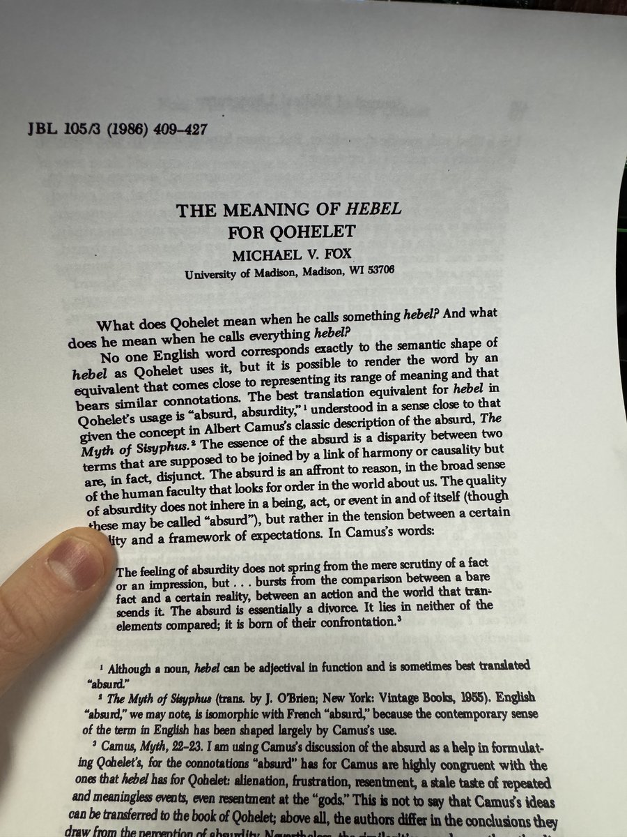 PodcastPsyche's tweet photo. Getting back into Camus has sparked my imagination, taking me all the way back to my seminary days. Michael V. Fox had some really interesting things to say about Ecclesiastes. Excited to read this! #albertcamus #absurd #michaelvfox #ecclesiastes #hebel #qohelet https://t.co/AEcyqiFKFK