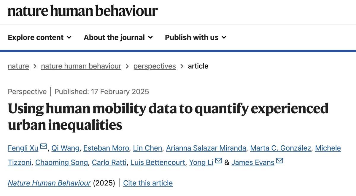 Congrats to physics department Prof. Chaoming Song and his colleagues!

Their review paper "Using human mobility data to quantify experienced urban inequalities" was just published in Nature Human Behavior  😀 🥳

Here is a link to the paper: rdcu.be/eaeRv