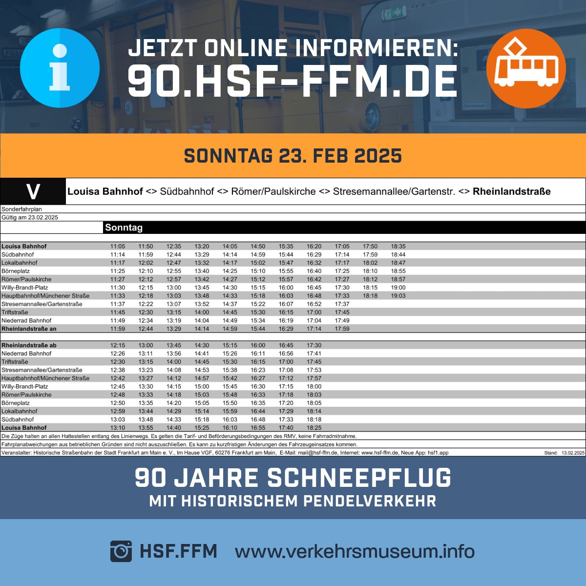 23. Feb. 2025 | 90 Jahre Schneepflug „2329“  

Mit einem Pendelverkehr vom Louisa Bahnhof zum Verkehrsmuseum und die Fahrzeugschau und den Museumsshop on Tour von 12 bis 17 Uhr genießen.

Informationen zum Event auf:
hsf-ffm.de/90-jahre-schne…

Bildrechte Lucas Stahl.

LG HSF-Team