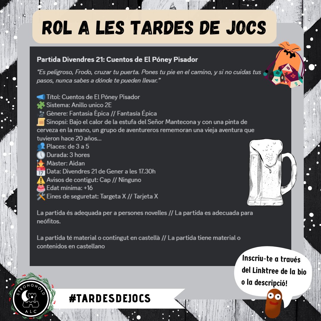 ALC_Stronghold's tweet photo. Aquesta setmana tenim partida de #AnellUnic, t'animas a endinsar-te dins del món de #ElSenyordelsAnells? 🎲

📝 https://t.co/fbyNRR8NTL 

#rol #rolbarcelona #rolbcn #tardesdejocs #lotrrpg #rolesdla #anellunicrol  #anellunic2e https://t.co/6QX2vVwrjG