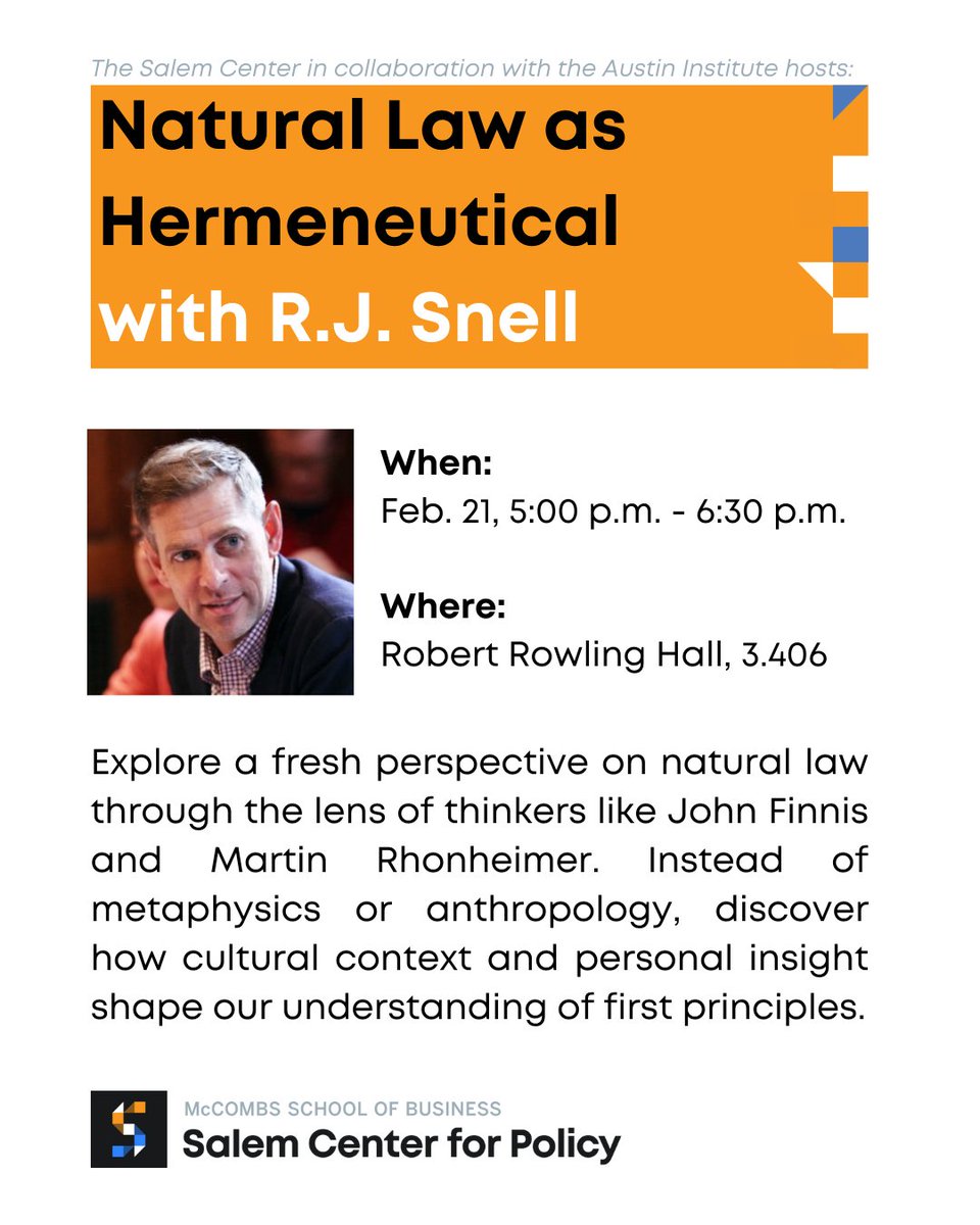 Join us this Friday for an event in collaboration with the <a href="/AtxInstitute/">Austin Institute</a>, featuring R.J. Snell, Editor-in-Chief of Public Discourse and Director of Academic Programs at the Witherspoon Institute.⁠
⁠
RSVP below!⁠

salemcenter.org/.../natural-la…
⁠
#TexasMcCombs #Hookem #SalemCenter