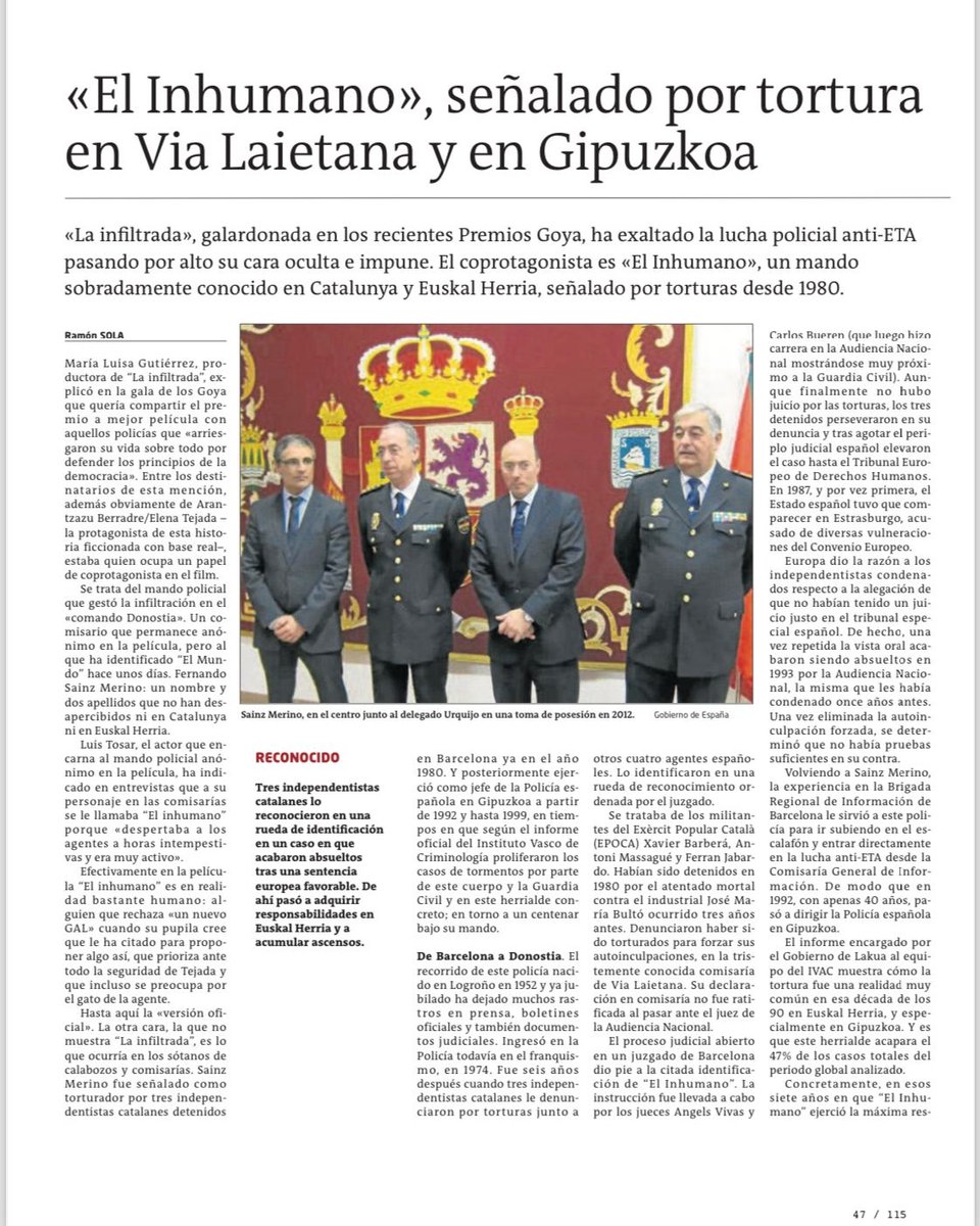ideiazabaldub's tweet image. Hoy GARA revela que el coprotagonista de «La infiltrada» es un policía señalado por torturas, sobradamente conocido en Euskal Herria y Catalunya. Esta es la cara B de la historia, la que no cuenta la peli. Luis Tosar debería informarse mejor: 'El Inhumano' era en sentido literal.