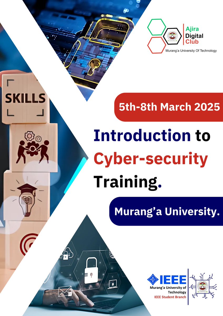 Hello👋👋
Join our upcoming cyber-security training.

register: tinyurl.com/3dd4fj6u

📅 Date: 5-8th March, 2025 
📍 Location: Murang'a University of Technology.

🎥 Get ready to be part of something big.
#Cybersecurity #BeAware #TheFutureWorksOnline