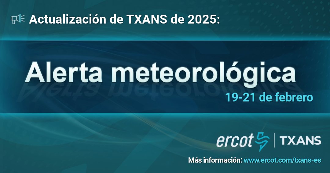 ERCOT ha emitido una alerta meteorológica del 19 al 21 de febrero debido a las previsiones de frío extremo en toda la región de ERCOT, una mayor demanda eléctrica y la posibilidad de que disminuyan las reservas. Se espera que las condiciones de la red sean normales durante la
